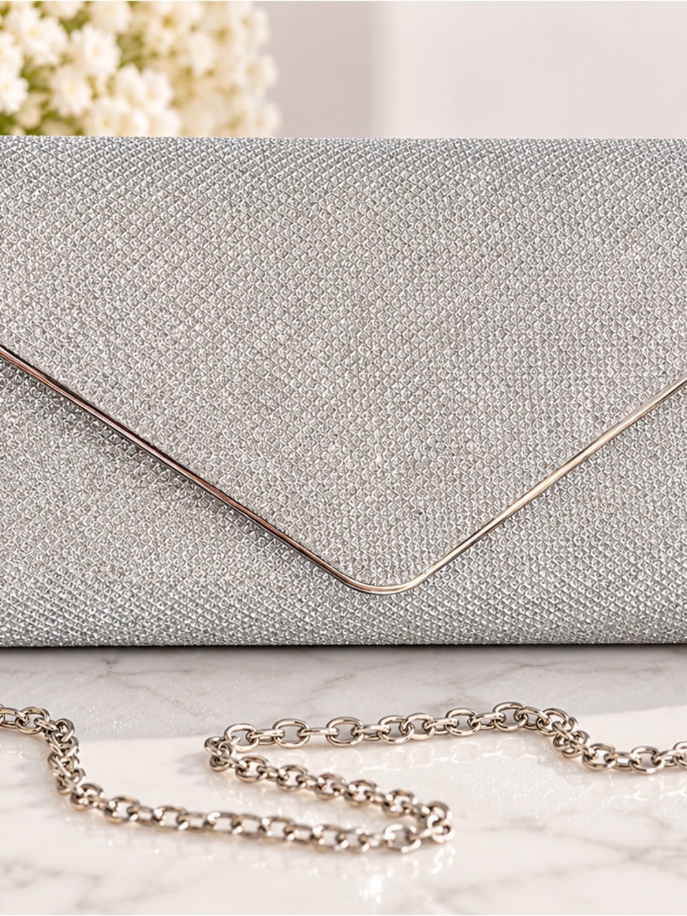 Silver Glitter Clutch Purse | Envelope Bag | Chain Strap | Evening Bag